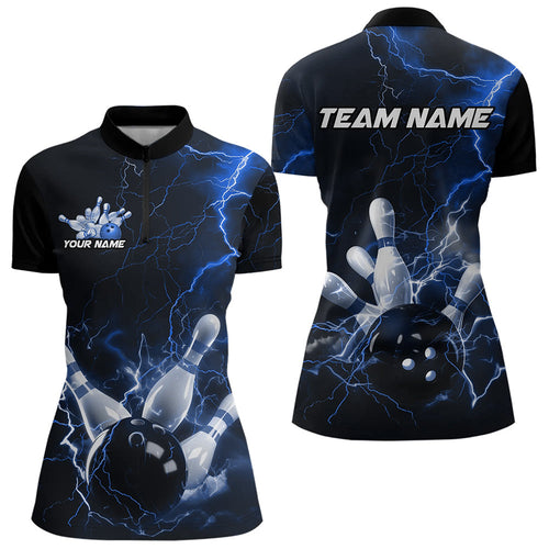 Custom Black And Blue Thunder Lightning Bowling Tournament Quarter-Zip Shirts For Women IPHW8522