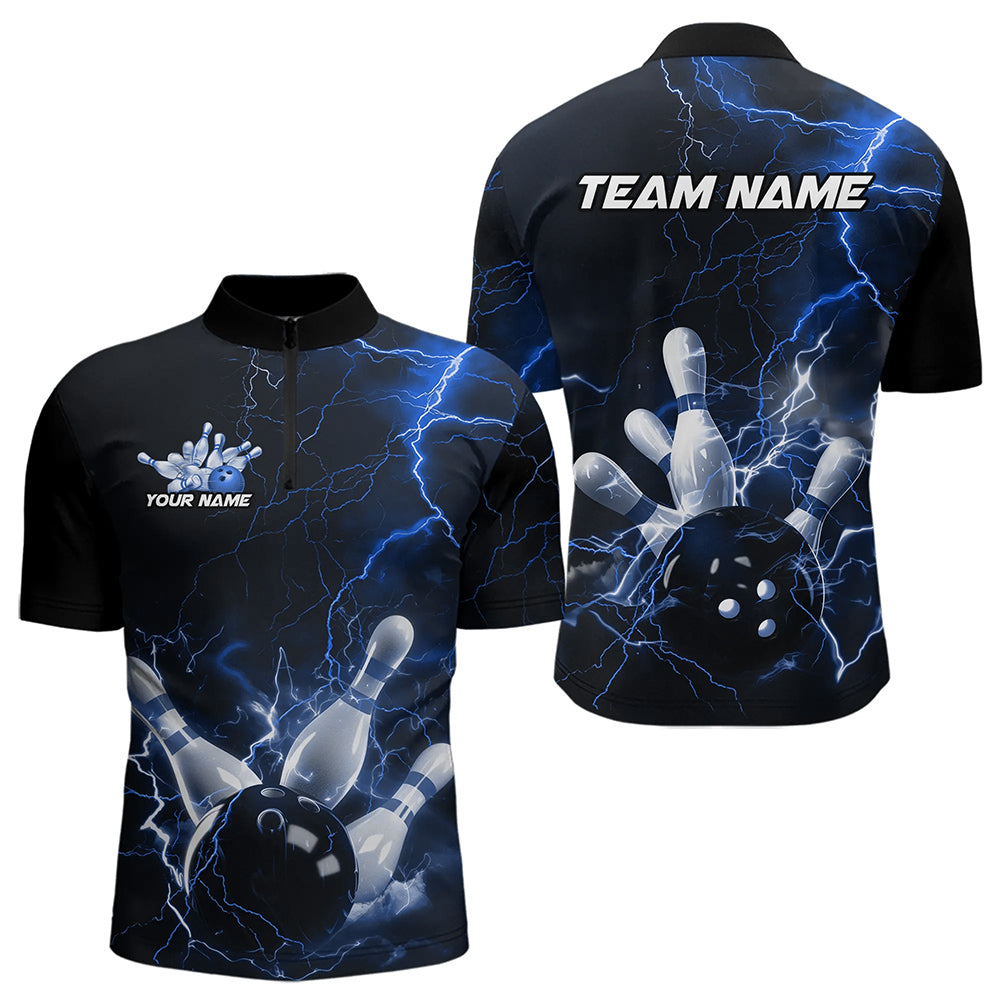 Custom Black And Blue Thunder Lightning Bowling Tournament Quarter-Zip Shirts For Men IPHW8522