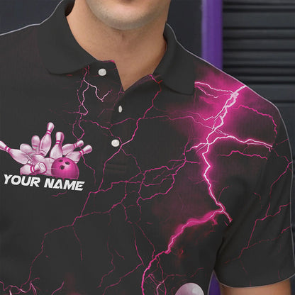 Custom Black And Pink Thunder Lightning Bowling Tournament Polo Shirts For Men IPHW8523