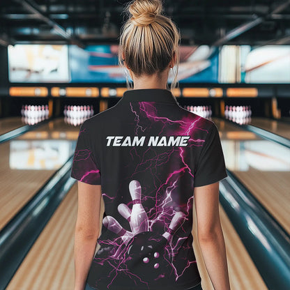 Custom Black And Pink Thunder Lightning Bowling Tournament Polo Shirts For Women IPHW8523