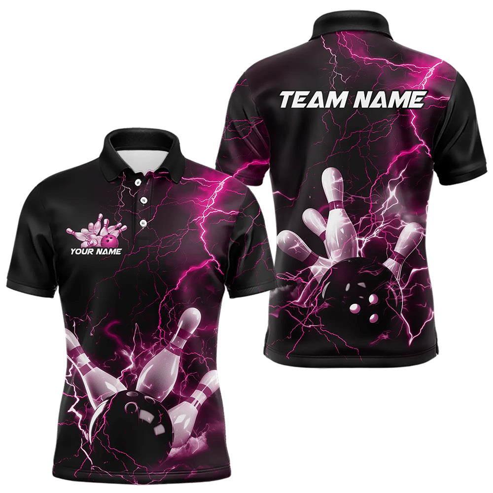 Custom Black And Pink Thunder Lightning Bowling Tournament Polo Shirts For Men IPHW8523