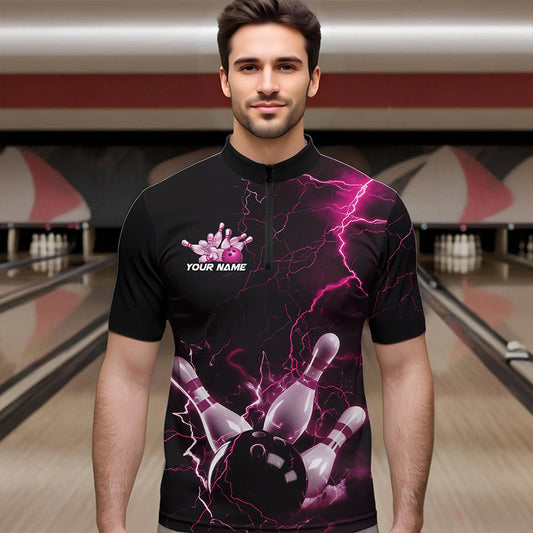 Custom Black And Pink Thunder Lightning Bowling Tournament Quarter-Zip Shirts For Men IPHW8523