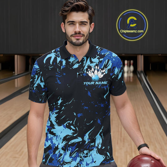Custom Blue Camo Men Bowling League Shirt, Bowlers Jerseys Bowling Tournament Outfit IPHW10617