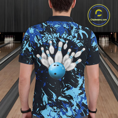 Custom Blue Camo Men Bowling League Shirt, Bowlers Jerseys Bowling Tournament Outfit IPHW10617