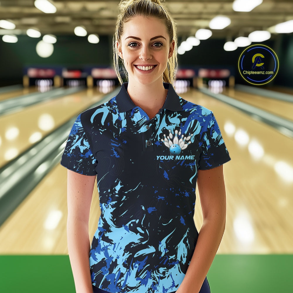 Custom Blue Camo Women Bowling League Shirt, Bowlers Jerseys Bowling Tournament Outfit IPHW10617