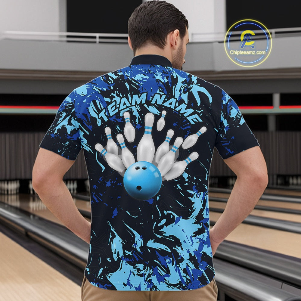 Custom Blue Camo Men Bowling League Shirt, Bowlers Jerseys Bowling Tournament Outfit IPHW10617