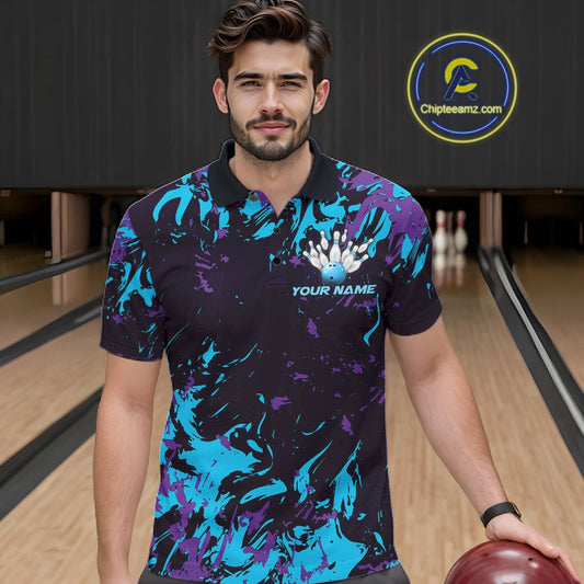 Custom Blue And Purple Camo Men Bowling League Shirt, Bowlers Jerseys Tournament Outfit IPHW10618