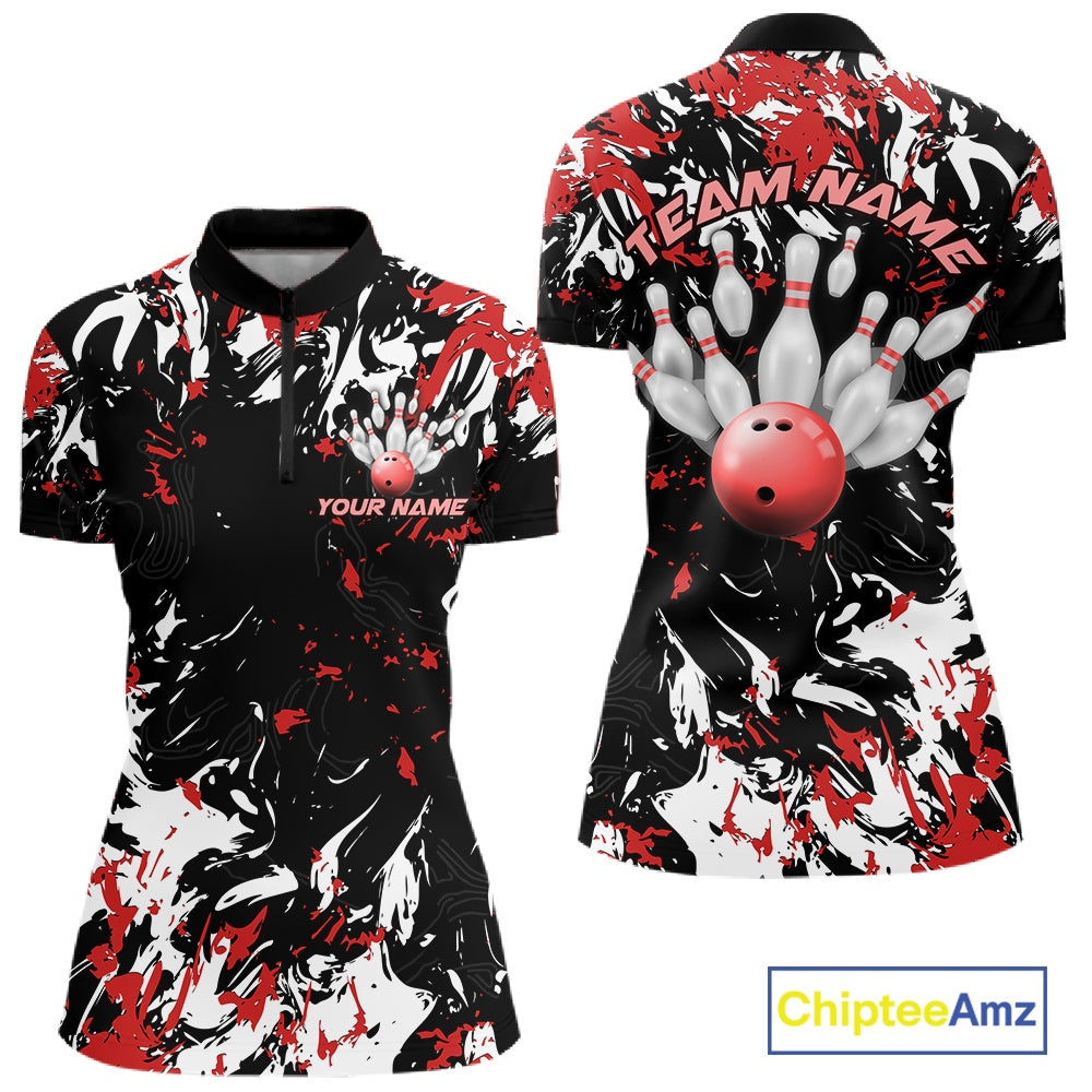 Custom Black, Red And White Camo Women Bowling League Shirt, Bowlers Jerseys Outfits IPHW10619