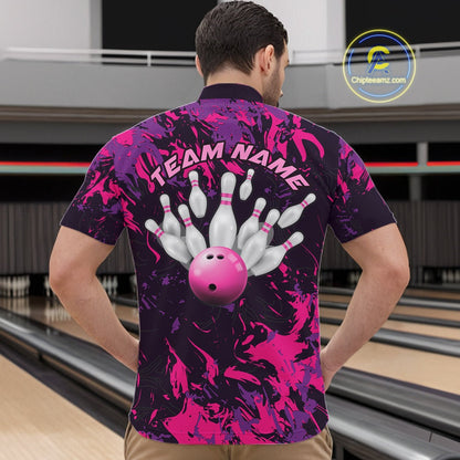 Custom Purple And Pink Camo Men Bowling League Shirt, Bowlers Jerseys Tournament Outfit IPHW10621