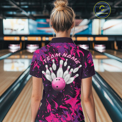 Custom Purple And Pink Camo Women Bowling League Shirt, Bowlers Jersey Tournament Outfit IPHW10621