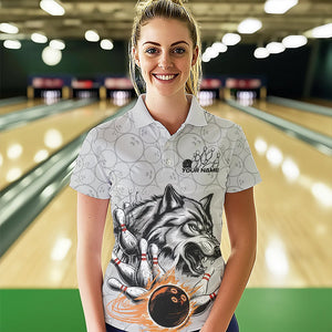 Custom Gray And Red Wolf Bowling Polo Shirts For Women, Wolf Bowling Tournament Shirt IPHW8717