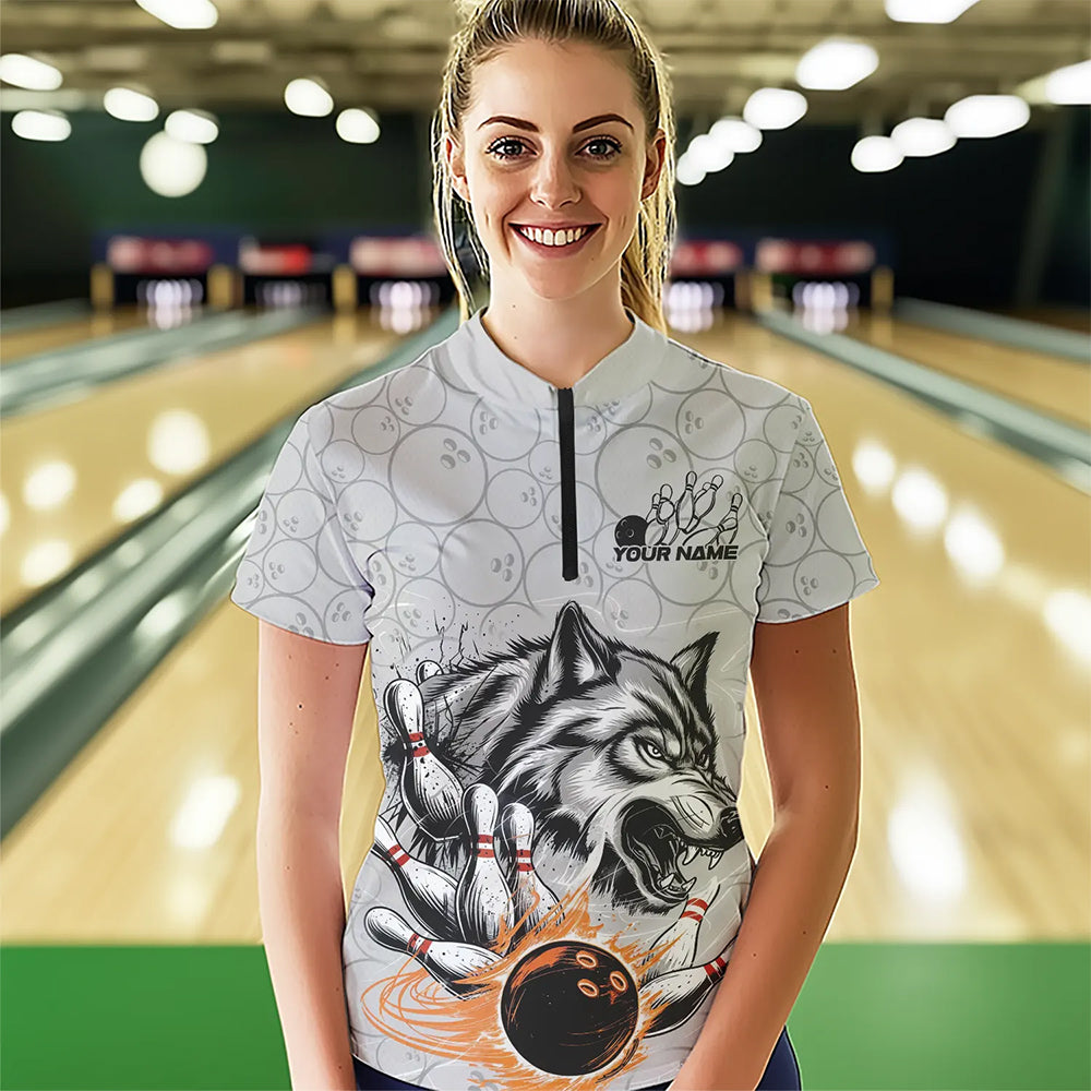 Custom Gray And Red Wolf Bowling Quarter-Zip Shirt For Women, Wolf Bowling Tournament Shirt IPHW8717