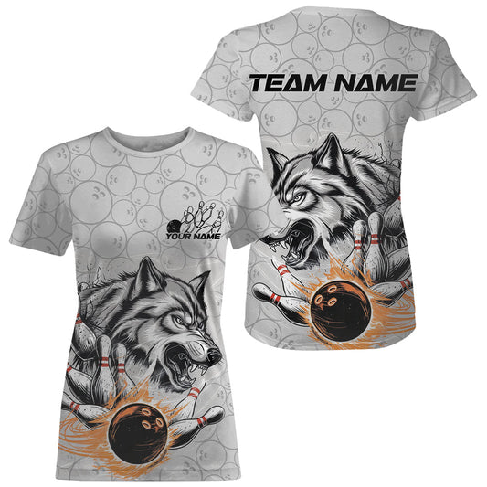 Custom Gray And Red Wolf Bowling T-Shirts For Women, Wolf Bowling Tournament IPHW8717