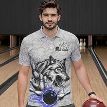 Load image into Gallery viewer, Custom Gray And Blue Wolf Bowling Polo Shirts For Men, Wolf Bowling Tournament Shirt IPHW8718