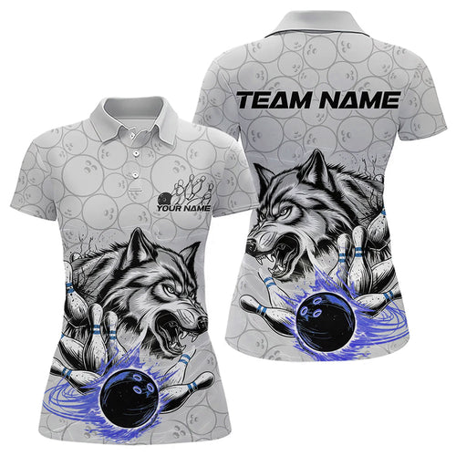 Custom Gray And Blue Wolf Bowling Polo Shirts For Women, Wolf Bowling Tournament Shirt IPHW8718