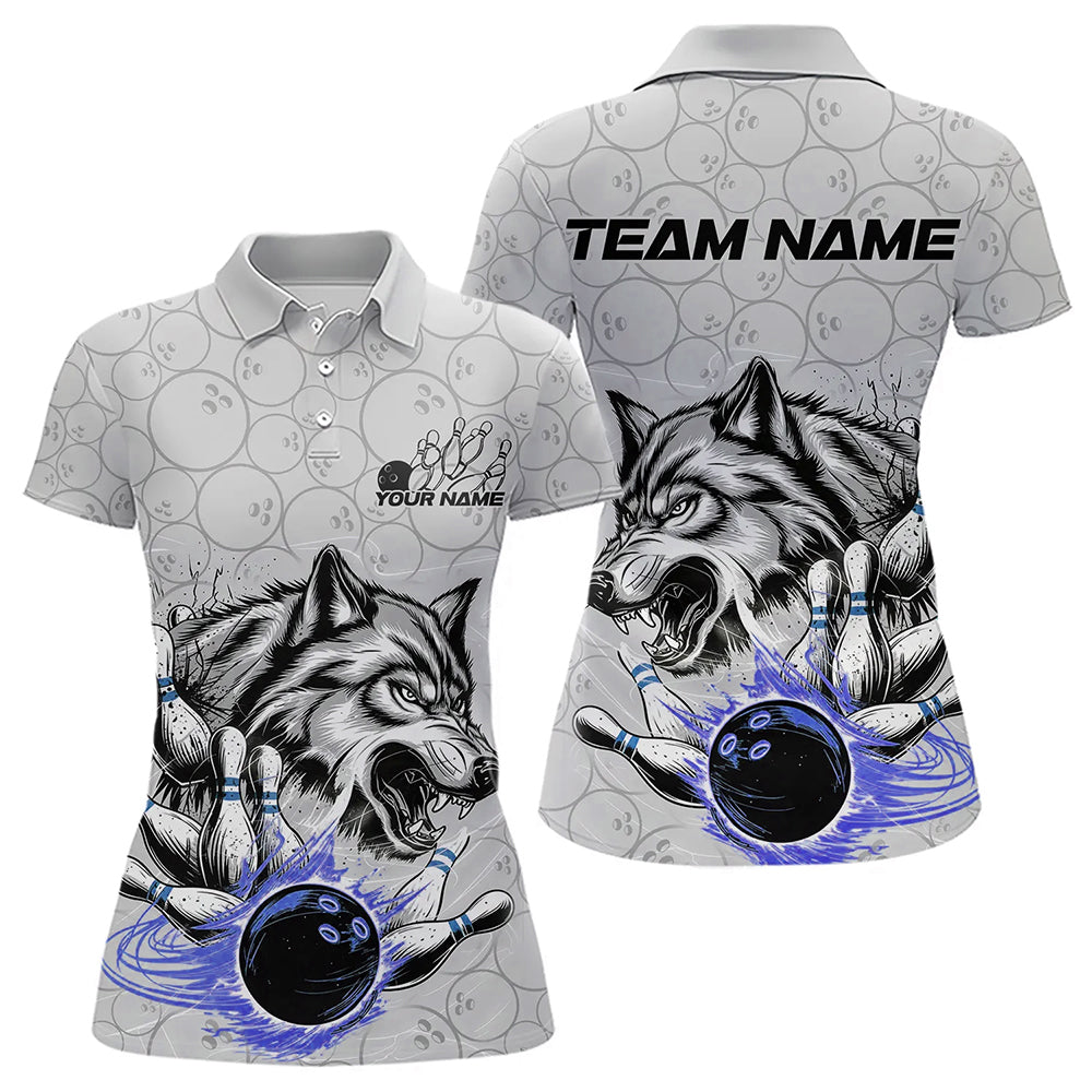 Custom Gray And Blue Wolf Bowling Polo Shirts For Women, Wolf Bowling Tournament Shirt IPHW8718