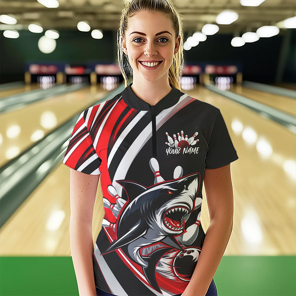Custom Black And Red Shark Bowling Quarter-Zip Shirt For Women,  Shark Bowling Team Jerseys IPHW8722