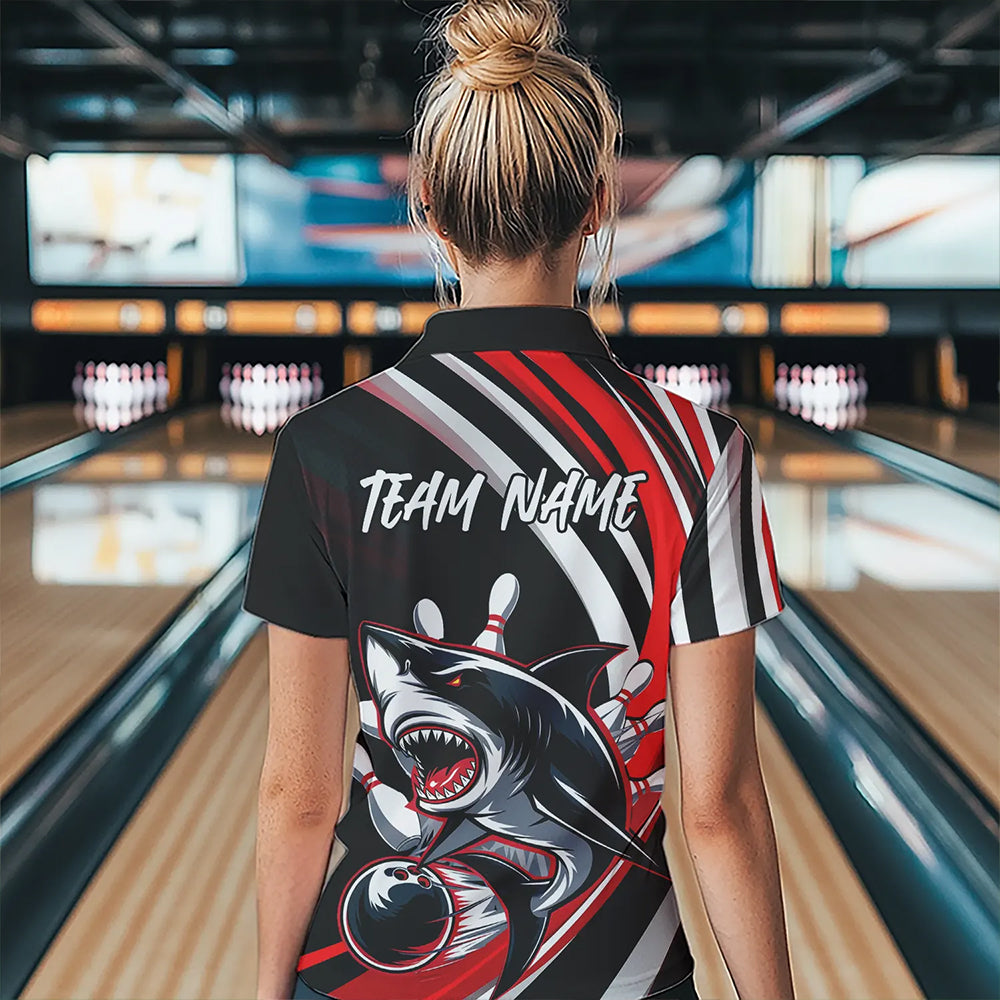 Custom Black And Red Shark Bowling Quarter-Zip Shirt For Women,  Shark Bowling Team Jerseys IPHW8722
