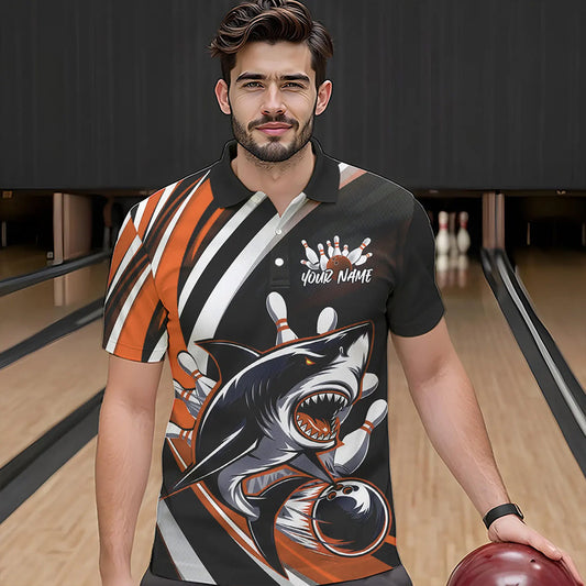 Custom Black And Orange Shark Bowling Polo Shirts For Men,  Shark Bowling Team Jerseys IPHW8723