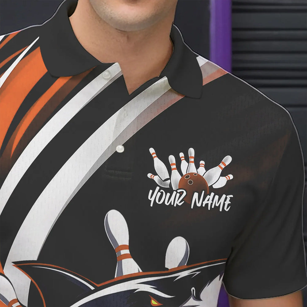 Custom Black And Orange Shark Bowling Polo Shirts For Men,  Shark Bowling Team Jerseys IPHW8723