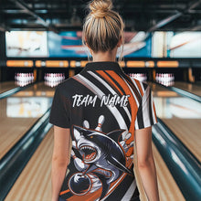 Load image into Gallery viewer, Custom Black And Orange Shark Bowling Polo Shirts For Women,  Shark Bowling Team Jerseys IPHW8723