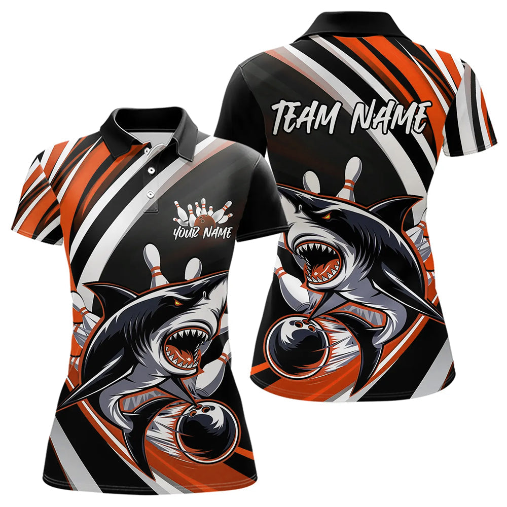 Custom Black And Orange Shark Bowling Polo Shirts For Women,  Shark Bowling Team Jerseys IPHW8723