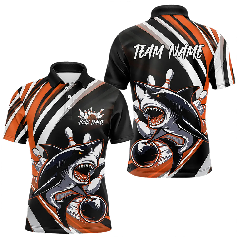 Custom Black And Orange Shark Bowling Polo Shirts For Men,  Shark Bowling Team Jerseys IPHW8723