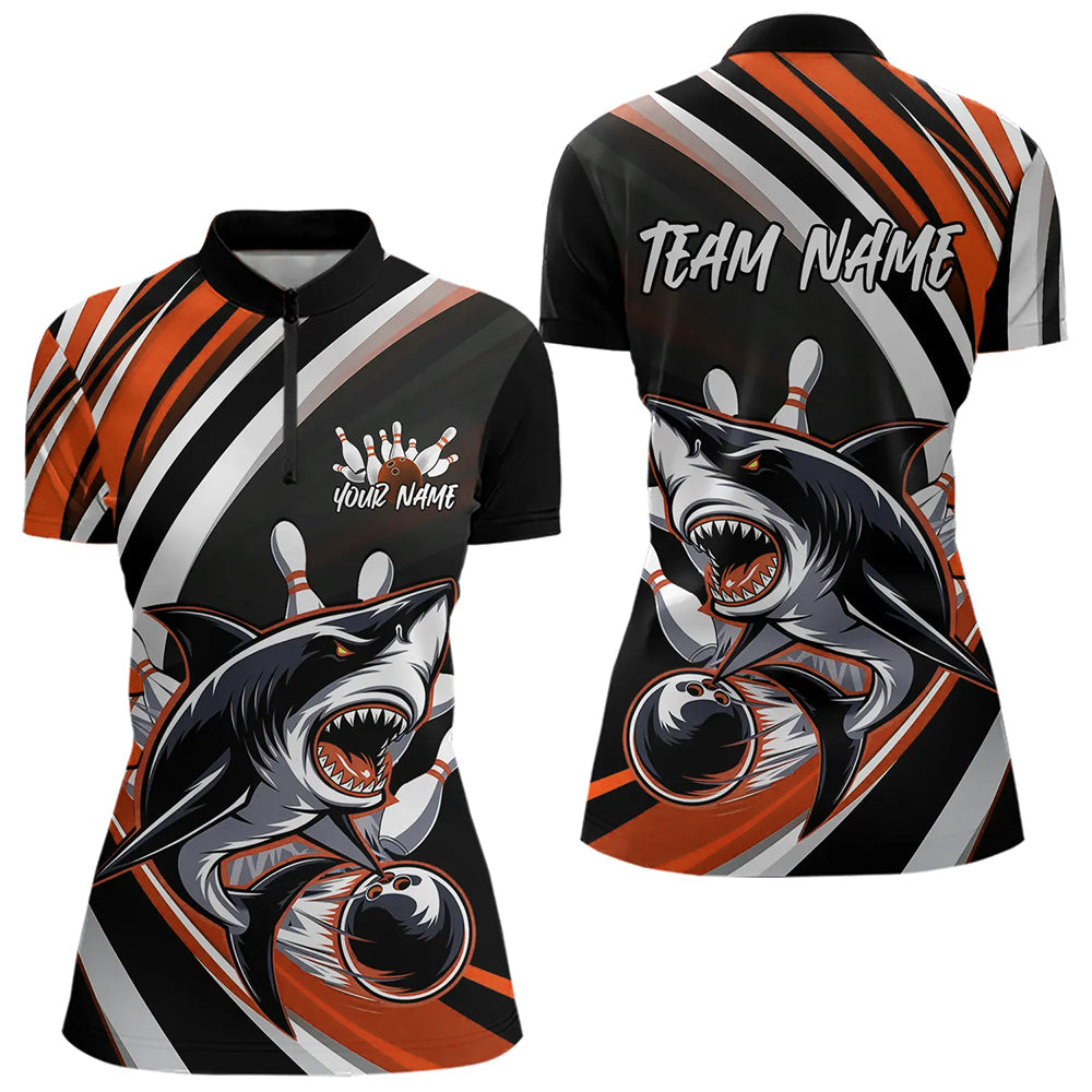 Custom Black And Orange Shark Bowling Women Quarter-Zip Shirts,  Shark Bowling Team Jerseys IPHW8723