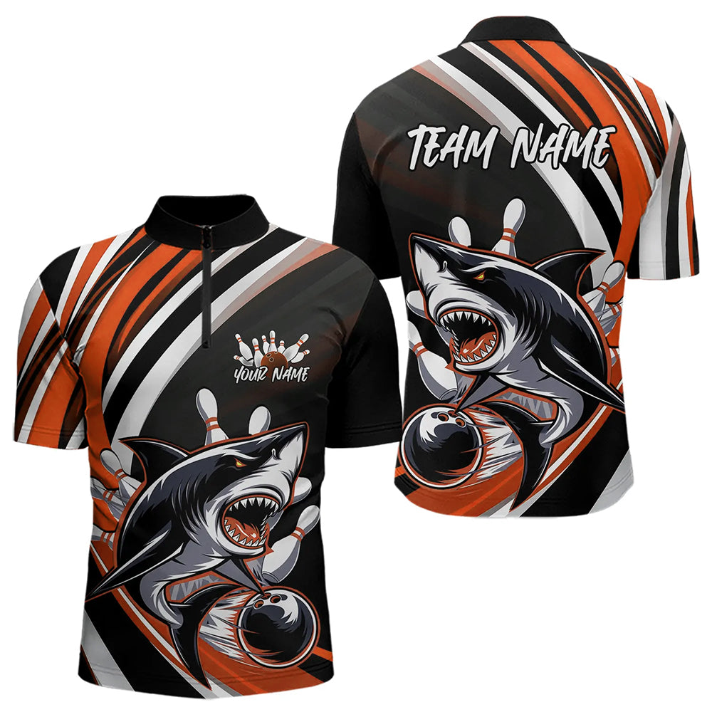 Custom Black And Orange Shark Bowling Quarter-Zip Shirts For Men,  Shark Bowling Team Jerseys IPHW8723