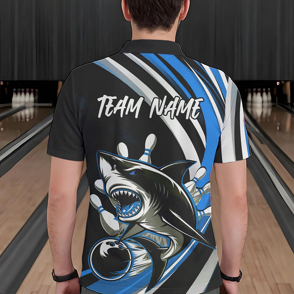 Custom Black And Blue Shark Bowling Polo Shirts For Men,  Shark Bowling Team Jerseys IPHW8724