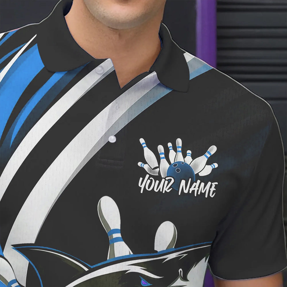 Custom Black And Blue Shark Bowling Polo Shirts For Men,  Shark Bowling Team Jerseys IPHW8724