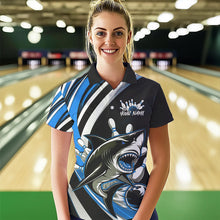 Load image into Gallery viewer, Custom Black And Blue Shark Bowling Polo Shirts For Women,  Shark Bowling Team Jerseys IPHW8724