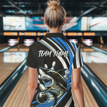 Load image into Gallery viewer, Custom Black And Blue Shark Bowling Polo Shirts For Women,  Shark Bowling Team Jerseys IPHW8724