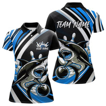 Load image into Gallery viewer, Custom Black And Blue Shark Bowling Polo Shirts For Women,  Shark Bowling Team Jerseys IPHW8724