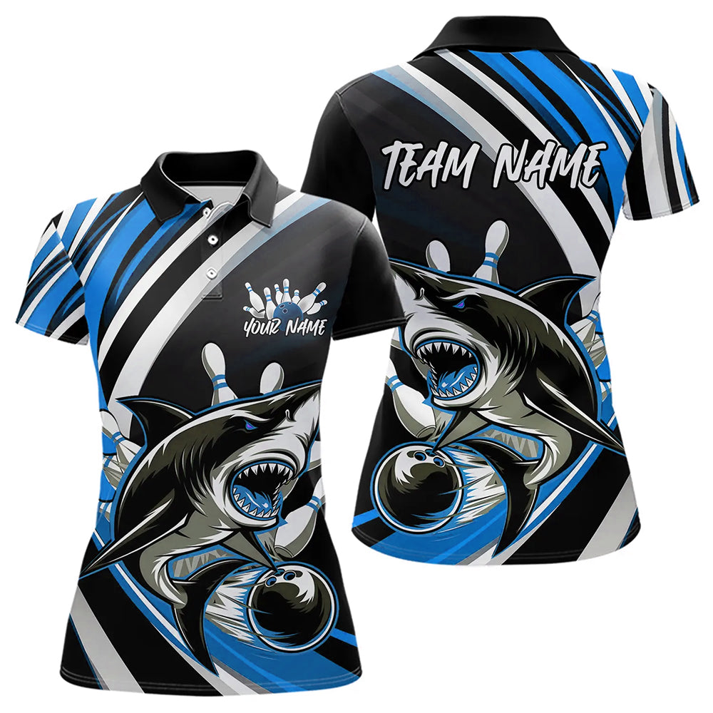 Custom Black And Blue Shark Bowling Polo Shirts For Women,  Shark Bowling Team Jerseys IPHW8724