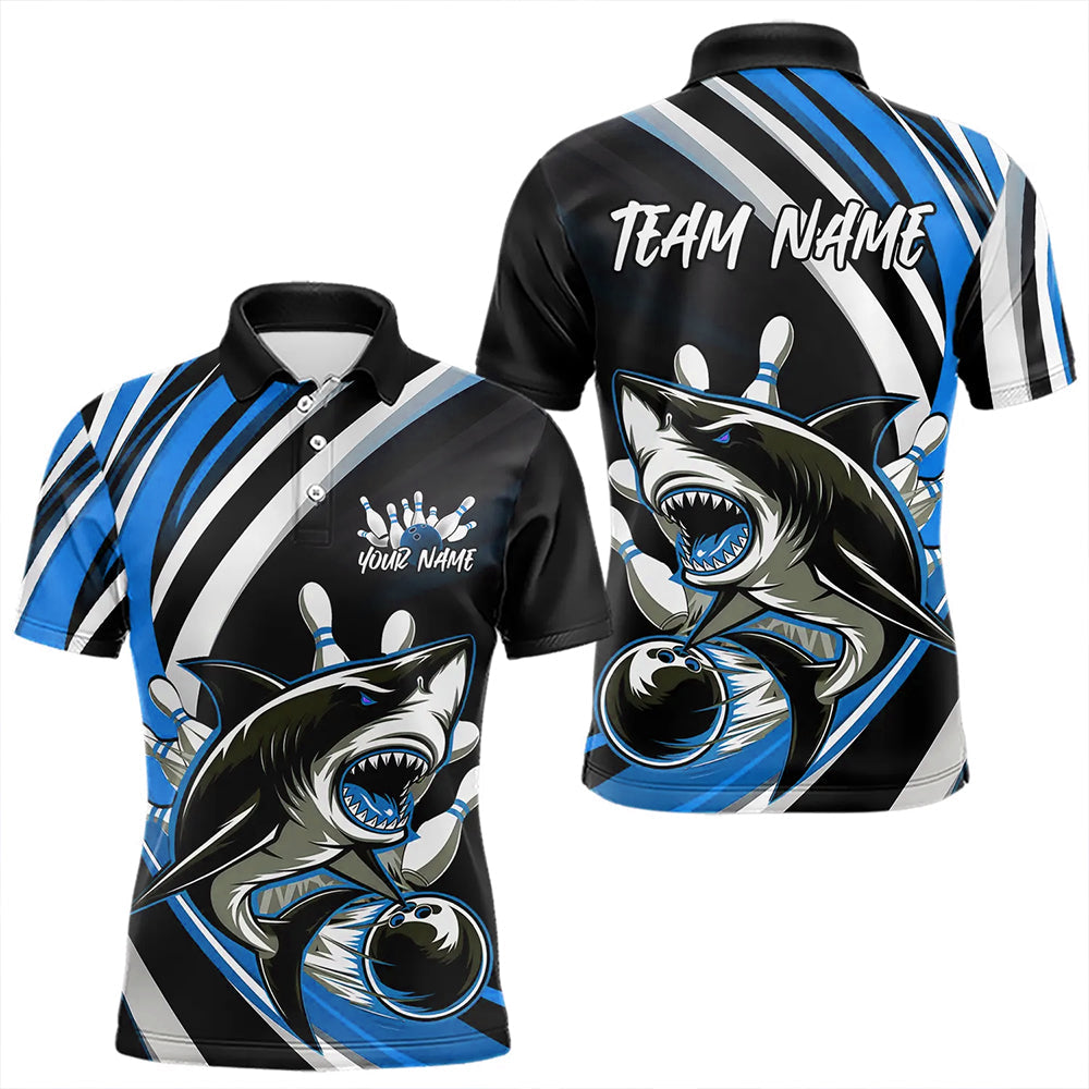 Custom Black And Blue Shark Bowling Polo Shirts For Men,  Shark Bowling Team Jerseys IPHW8724