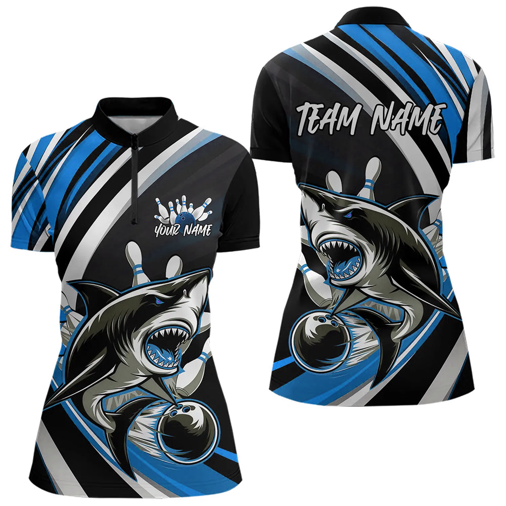 Custom Black And Blue Shark Bowling Women Quarter-Zip Shirts,  Shark Bowling Team Jerseys IPHW8724