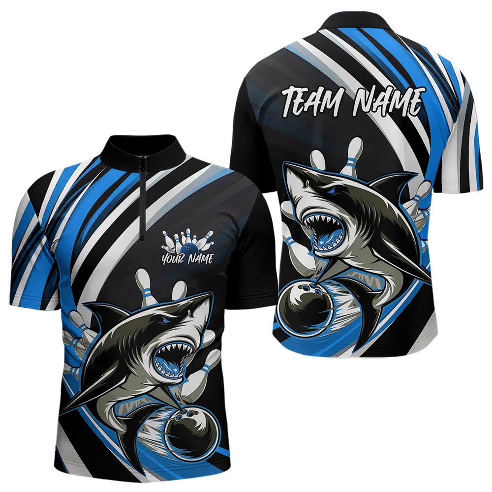 Custom Black And Blue Shark Bowling Quarter-Zip Shirts For Men,  Shark Bowling Team Jerseys IPHW8724