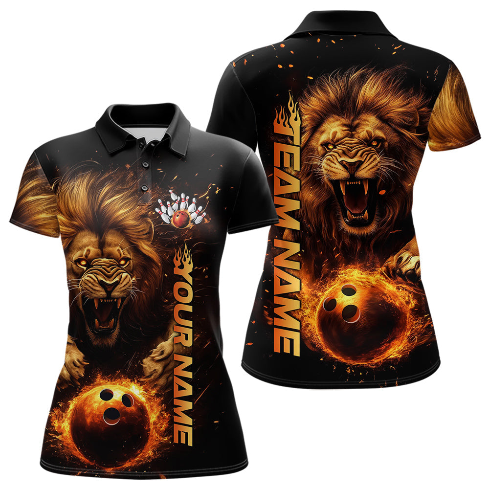 Custom Fire Flame Lion Bowling Team Polo Shirts For Women, Lion Bowling Tournament Shirt IPHW8979