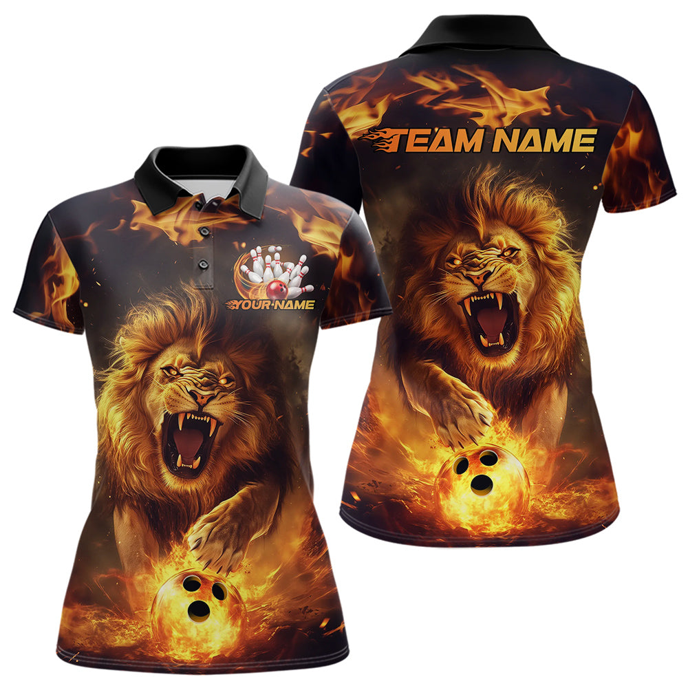 Custom Fire Flame Lion Bowling Polo Shirts For Women, Bowling League Shirt Team Uniform IPHW8980
