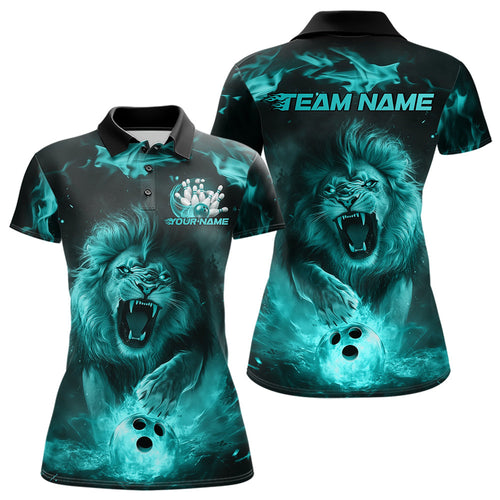 Custom Blue Flame Lion Bowling Polo Shirts For Women, Bowling League Shirt Team Uniform IPHW8982