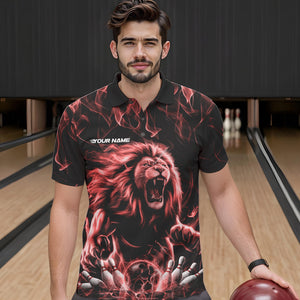 Custom Black And Red Flame Lion Bowling Men Polo Shirts, Lion Bowling Team Uniform IPHW8983