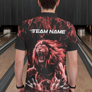 Custom Black And Red Flame Lion Bowling Men Polo Shirts, Lion Bowling Team Uniform IPHW8983