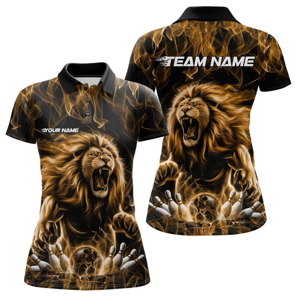 Custom Black And Yellow Flame Lion Bowling Women Polo Shirts, Lion Bowling Team Uniform IPHW8984