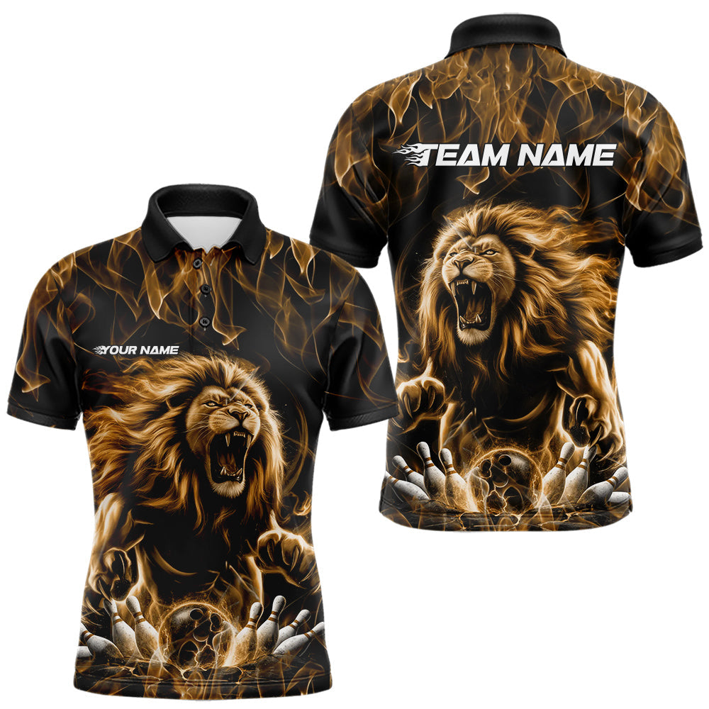 Custom Black And Yellow Flame Lion Bowling Men Polo Shirts, Lion Bowling Team Uniform IPHW8984