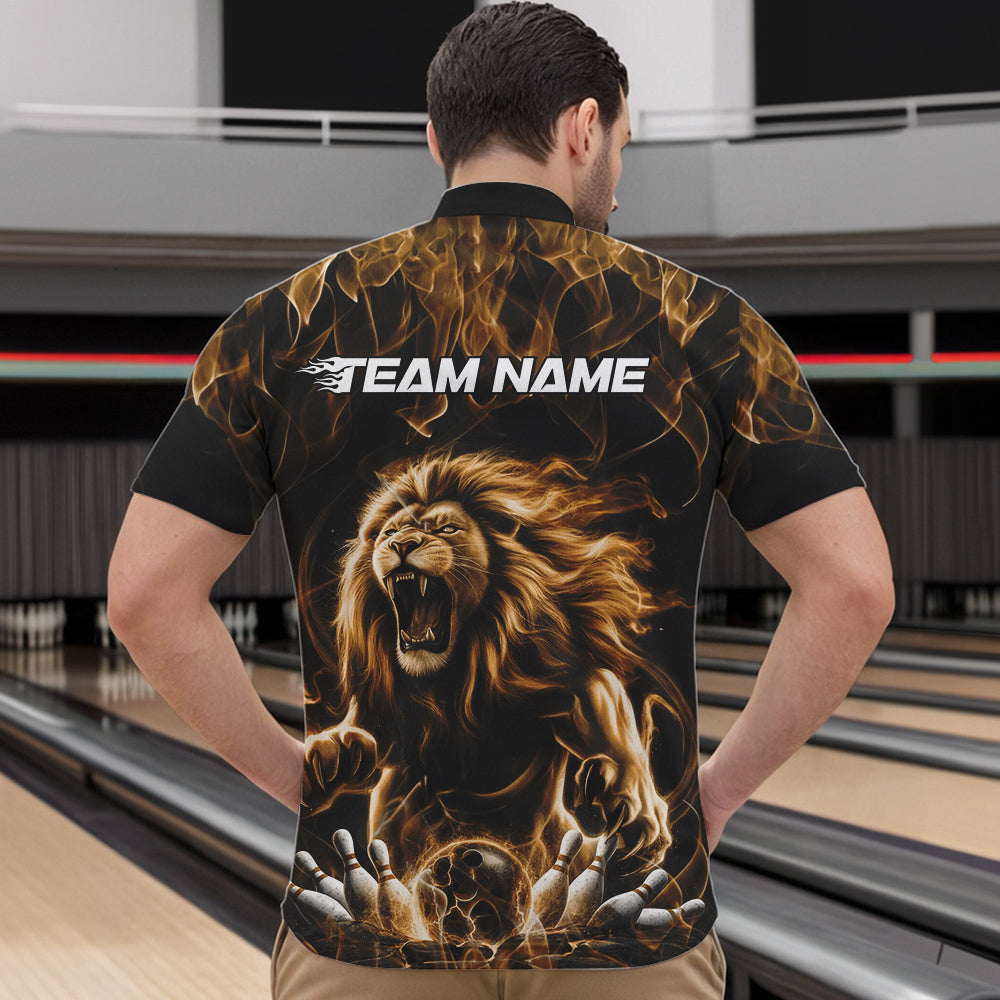 Custom Black And Yellow Flame Lion Bowling Men Quarter-Zip Shirts, Lion Bowling Team Uniform IPHW8984