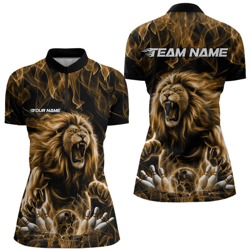 Custom Black And Yellow Flame Lion Bowling Women Quarter-Zip Shirts, Lion Team Uniform IPHW8984
