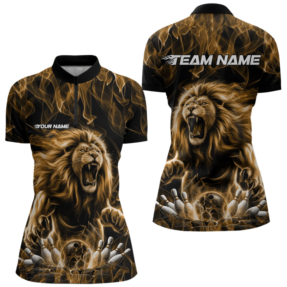 Custom Black And Yellow Flame Lion Bowling Women Quarter-Zip Shirts, Lion Team Uniform IPHW8984