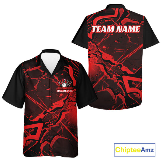 Black and red button-up bowling shirt shown front and back with angular cracked geometric pattern graphics.