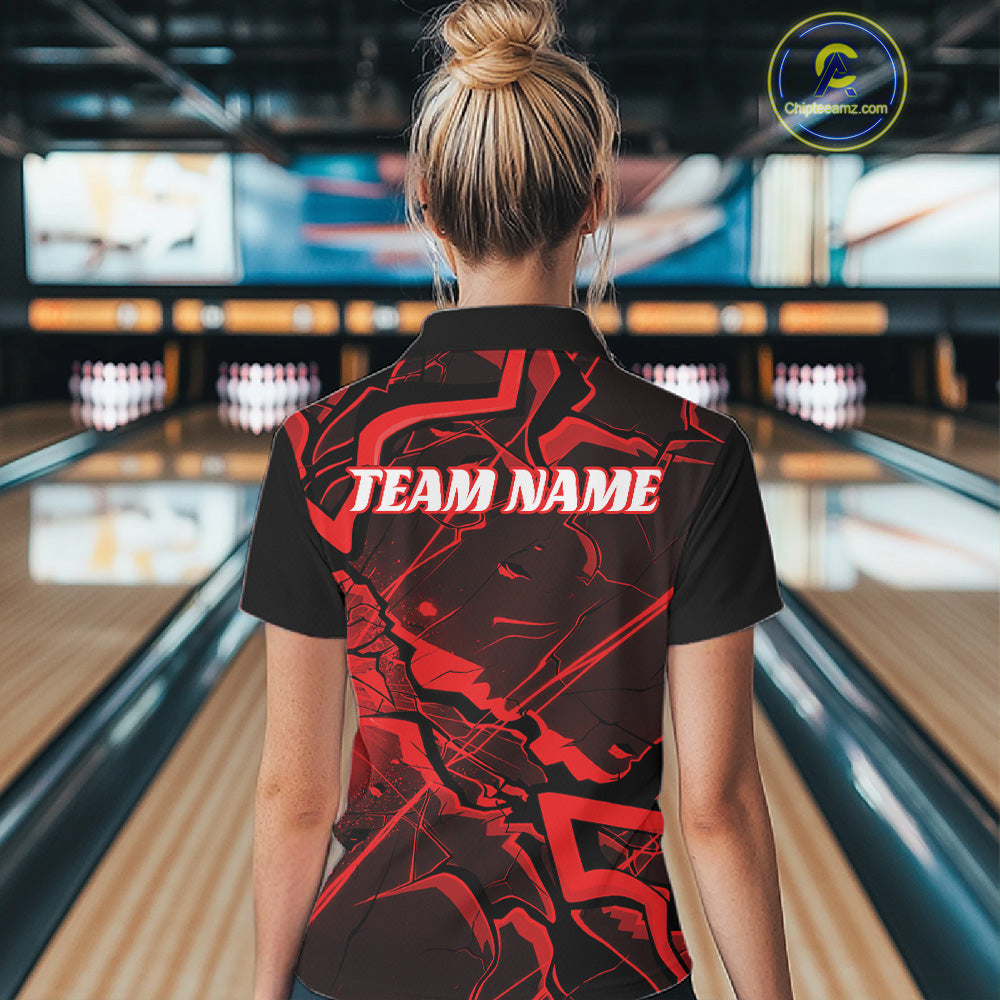 Back view of a womens black and red bowling polo showcasing a futuristic cracked pattern.